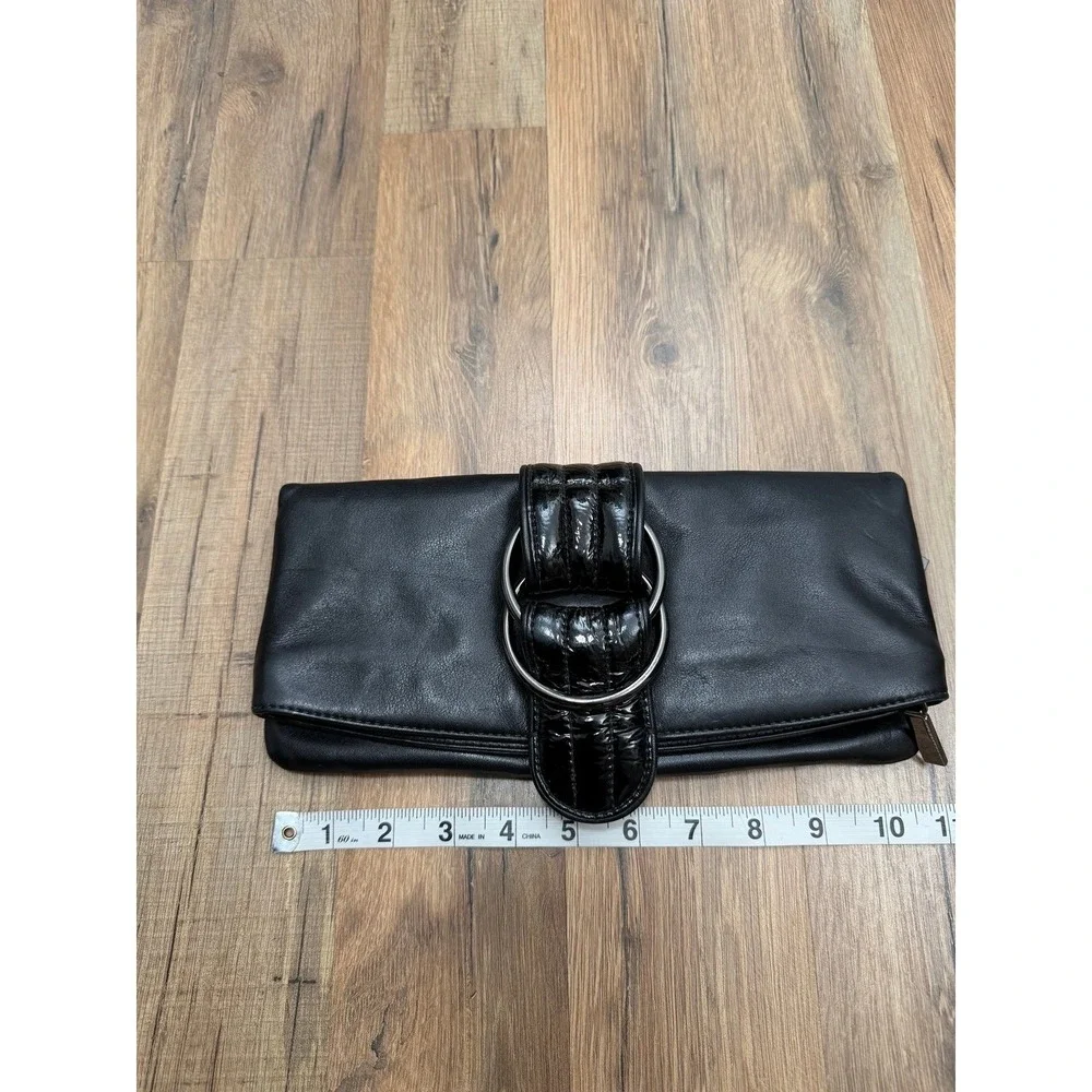 Hobo International Black Leather Foldover Clutch Bag Patent Ring Hardware